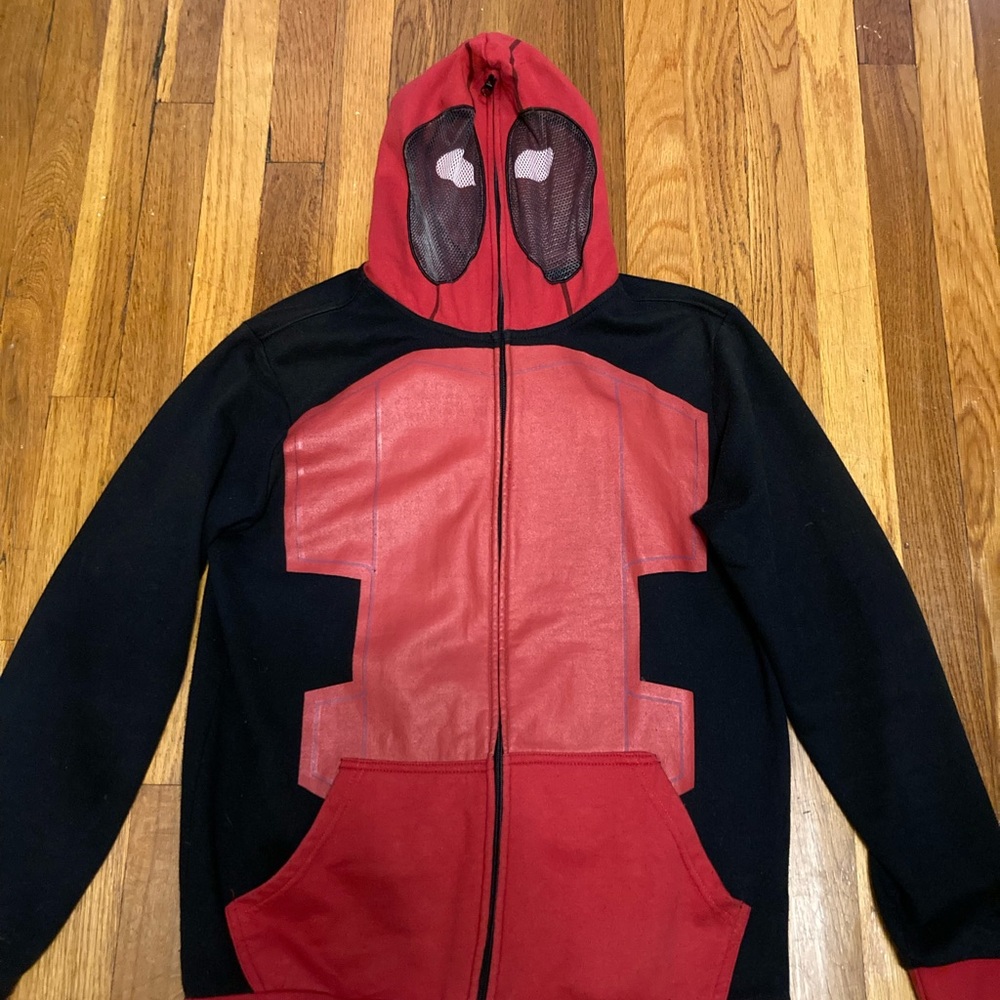 Marvel Deadpool over the face hoodie full zip sweater w back straps/pocket.